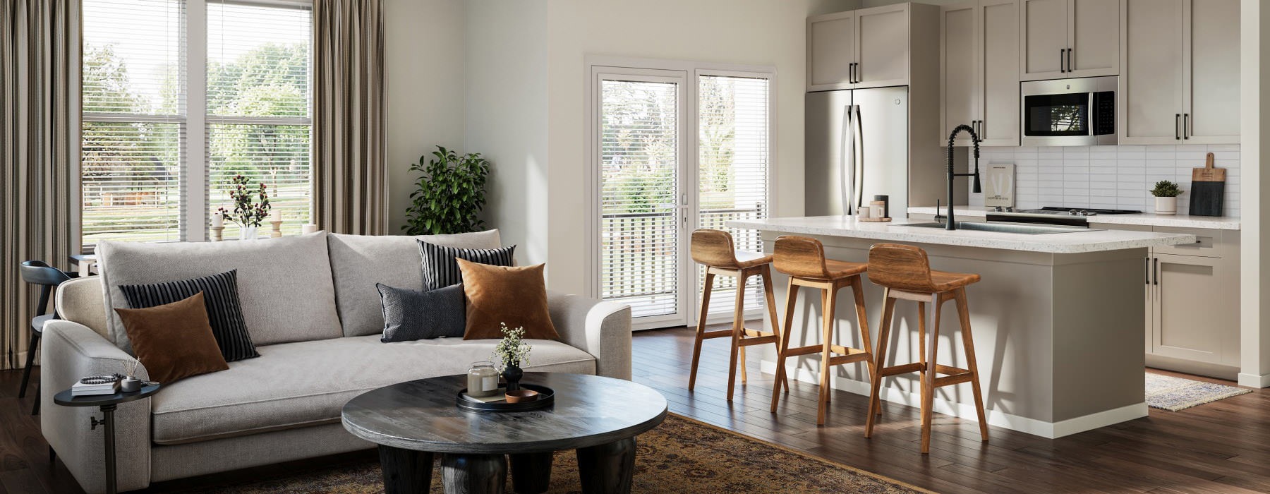 living room open to kitchen with island